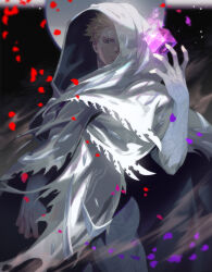 Rule 34 | 1boy, blonde hair, blue eyes, body markings, cloak, commentary, cube, expressionless, hand up, hood, hooded cloak, looking at viewer, male focus, millions knives, petals, saeldam, short hair, simple background, solo, spiked hair, trigun, trigun stampede, undercut, white cloak, wind