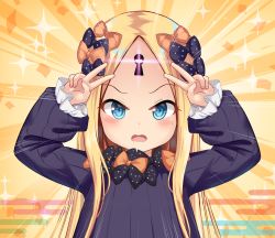 Rule 34 | 1girl, abigail williams (fate), arms up, black bow, black dress, blonde hair, blue eyes, blush, bow, double v, dress, egasumi, emotional engine - full drive, fate/grand order, fate (series), glowing, hair bow, highres, keyhole, long hair, long sleeves, looking at viewer, milkshakework, multiple hair bows, no headwear, open mouth, orange bow, parody, parted bangs, polka dot, polka dot bow, sleeves past wrists, solo, sparkle, v, v-shaped eyebrows