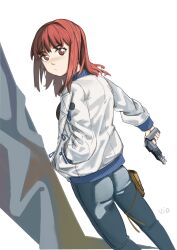 Rule 34 | 1girl, :/, absurdres, artist name, ass, breasts, closed mouth, grey pants, hand in pocket, highres, holding, holding weapon, jacket, kiruko (tengoku daimakyou), long hair, long sleeves, looking at viewer, looking back, pants, red eyes, red hair, signature, simple background, small breasts, solo, standing, tengoku daimakyou, v.ia, weapon, white background, white jacket