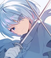 1boy bishounen blue_eyes blue_hair drop_shadow dual_wielding eyes_visible_through_hair frilled_sleeves frills fubuki_(nige_jouzu_no_wakagimi) gloves hair_intakes hair_over_one_eye hand_up head_tilt high_collar holding holding_sword holding_weapon katana light_blue_hair looking_at_viewer name_(oiuio) nige_jouzu_no_wakagimi one_eye_covered parted_lips portrait simple_background solo sword weapon white_background white_gloves wolf_cut