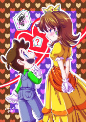 Rule 34 | 1boy, 1girl, 73kou33, absurdres, blue eyes, blush, breasts, brown hair, crown, dress, earrings, facial hair, flower earrings, gloves, heart, height difference, highres, jewelry, looking at another, luigi, mario (series), mustache, nintendo, orange dress, overalls, princess daisy, puffy short sleeves, puffy sleeves, short sleeves, spoken heart, standing, super mario bros. 1, super mario land, sweat, tomboy