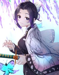 Rule 34 | 1girl, animal, black hair, black jacket, blurry, blurry background, breasts, bug, butterfly, butterfly hair ornament, commentary request, depth of field, fighting stance, forehead, gradient hair, hair ornament, highres, holding, holding sheath, insect, jacket, katana, kimetsu no yaiba, kochou shinobu, long sleeves, medium breasts, multicolored hair, nail polish, open clothes, parted bangs, parted lips, pink nails, purple eyes, purple hair, ready to draw, sheath, sheathed, smile, solo, sword, tapioka (oekakitapioka), weapon, wide sleeves