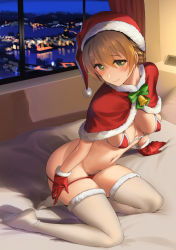 Rule 34 | 1girl, andou shuki, bell, bikini, blush, braid, breasts, brown hair, capelet, christmas, cleavage, french braid, fur trim, gloves, green eyes, hat, idolmaster, idolmaster million live!, idolmaster million live! theater days, jingle bell, kneeling, large breasts, looking at viewer, navel, on bed, red bikini, red capelet, red gloves, red hat, sakuramori kaori, santa bikini, santa hat, short hair, smile, solo, swimsuit, thighhighs, white thighhighs, window