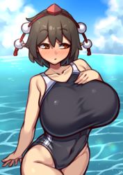 Rule 34 | 1girl, absurdres, alternate costume, black hair, blush, breasts, competition swimsuit, hat, highres, huge breasts, nikuatsu magician shinbo, one-piece swimsuit, pointy ears, pom pom (clothes), red eyes, shameimaru aya, short hair, solo, swimsuit, tengu, tokin hat, touhou, water