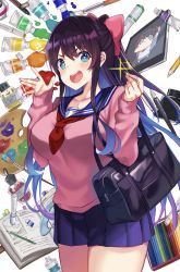 Rule 34 | 1girl, bag, blue hair, blue skirt, book, bow, breasts, brown hair, brush, colored inner hair, colored pencil, hair bow, half updo, heart, heart-shaped pupils, highres, ink bottle, large breasts, long hair, multicolored hair, neckerchief, open mouth, original, paint, pen, pencil, pink bow, pink sweater, pleated skirt, ponytail, red neckerchief, sailor collar, school bag, school uniform, serafuku, skirt, solo, sparkle, sweater, symbol-shaped pupils, two-tone hair, udon (udonalium), uniform