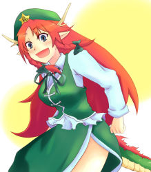 Rule 34 | 1girl, :d, antlers, arms at sides, beret, blue eyes, blush stickers, braid, breasts, chinese clothes, clenched hands, dragon, dragon girl, dragon horns, dragon tail, eastern dragon, hat, hong meiling, hong meiling (dragon), horns, kemonomimi mode, large breasts, long hair, long sleeves, looking at viewer, open mouth, pointy ears, re-cycle, red hair, side slit, slit pupils, smile, smiley face, solo, star (symbol), tail, tangzhuang, touhou, twin braids