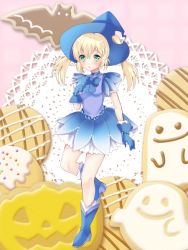 Rule 34 | 1girl, bad id, bad pixiv id, blonde hair, blue bow, blue footwear, blue gloves, blue hat, blue skirt, blush, boots, bow, breasts, character request, closed mouth, commentary request, cookie, food, gloves, green eyes, hair between eyes, hat, long hair, looking at viewer, misaki (misaki86), official art, purple shirt, sanzenkai no avatar, shirt, sidelocks, skirt, small breasts, solo, standing, standing on one leg, twintails, witch hat