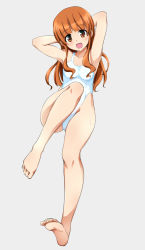 Rule 34 | 10s, 1girl, arms behind back, barefoot, blunt bangs, blush, feet, full body, girls und panzer, highleg, highleg swimsuit, long hair, looking at viewer, one-piece swimsuit, open mouth, orange eyes, orange hair, ouhashi, school swimsuit, simple background, sitting, smile, soles, solo, swimsuit, takebe saori, toes, white background, white one-piece swimsuit