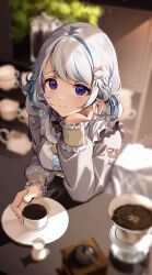 Rule 34 | 1girl, amanai daisy, aora cafe, apron, arcanakit v, blue eyes, blue hair, blurry, blush, braid, breasts, closed mouth, coffee, commentary request, commission, cup, depth of field, frills, grey hair, grey shirt, hair ornament, hairclip, head rest, highres, holding, holding cup, indoors, large breasts, long hair, long sleeves, looking at viewer, multicolored hair, plate, shirt, smile, solo, streaked hair, virtual youtuber, white apron, wrist cuffs