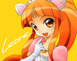 Rule 34 | 00s, 1girl, animal ears, blunt bangs, character name, elbow gloves, fangs, finger to mouth, flat chest, fushigiboshi no futago hime, gloves, gofu, jewelry, leonne, long hair, necklace, orange background, orange eyes, orange hair, pointing, pointing at self, ponytail, sidelocks, simple background, solo, tiara, upper body, white gloves
