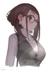 Rule 34 | 1girl, blush, boku no hero academia, brown eyes, earrings, glasses, highres, jewelry, looking at viewer, parted lips, ryota (ry o ta), shadow, signature, simple background, solo, sweater, upper body, uraraka ochako, white background, white sweater