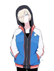 Rule 34 | 1boy, ame (amemgmgmg), bad id, bad pixiv id, black pants, blonde hair, blue eyes, closed mouth, cowboy shot, hair over one eye, hands in pockets, highres, hood, hood up, hoodie, jacket, long sleeves, looking at viewer, male focus, one eye covered, pants, signature, simple background, solo, standing, white background, yuri!!! on ice, yuri plisetsky