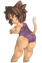 Rule 34 | 1girl, animal ears, bare shoulders, blush, brown fur, brown hair, character request, commentary request, copyright request, dot nose, from side, full body, furry, hair between eyes, looking at viewer, looking to the side, medium hair, ohgaki m, one-piece swimsuit, open mouth, paw pose, purple eyes, purple one-piece swimsuit, simple background, solo, swimsuit, tail, thick thighs, thighs, white background
