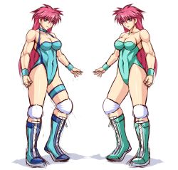 Rule 34 | 1girl, boots, breasts, cleavage, full body, leotard, long hair, mighty yukiko, multiple persona, multiple views, pink hair, purple eyes, taroimo (00120014), wrestle angels, wrestle angels survivor, wrestling outfit, wristband