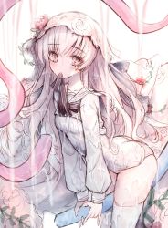 Rule 34 | 1girl, absurdres, arcaea, arched back, black bow, blush, bow, breasts, clothes lift, commentary request, detached sleeves, flower, grey hair, highres, hikari (arcaea), hikari (zero) (arcaea), holding, leaning forward, long hair, long sleeves, looking at viewer, mouth hold, old school swimsuit, one-piece swimsuit, puffy long sleeves, puffy sleeves, red eyes, red flower, sailor collar, school swimsuit, shirt lift, small breasts, solo, suggestive fluid, swimsuit, tandohark, tentacles, thighhighs, two-handed, veil, very long hair, white one-piece swimsuit, white sailor collar, white school swimsuit, white sleeves, white thighhighs