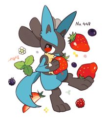 Rule 34 | animal ears, animal hands, artist name, auko, berry, blackberry, blueberry, creatures (company), english text, feet, flower, food, fruit, full body, furry, game freak, gen 4 pokemon, hand up, leaf, legs apart, looking to the side, lucario, nintendo, pokemon, pokemon (creature), pokemon dppt, red eyes, signature, simple background, smile, solo, strawberry, tail, text focus, white background, white flower, wolf ears