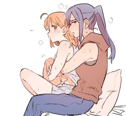 Rule 34 | 2girls, bare arms, blush, brown hoodie, commentary request, cushion, denim, grey shorts, grey tank top, hand on another&#039;s stomach, hand under clothes, hood, hoodie, hug, hug from behind, jeans, korean commentary, long hair, looking at viewer, love live!, love live! sunshine!!, matsuura kanan, medium hair, multiple girls, orange eyes, orange hair, pants, pito (sh02327), ponytail, purple eyes, purple hair, shorts, simple background, sitting, sleeveless, sleeveless hoodie, sweat, takami chika, tank top, white background, yuri