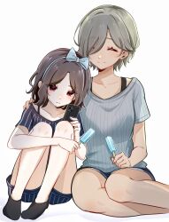 Rule 34 | 2girls, absurdres, black shirt, black shorts, black socks, blush, brown hair, cellphone, closed eyes, closed mouth, commentary request, ebizuka tomo, food, girls band cry, grey hair, grey shirt, hand on another&#039;s shoulder, highres, holding, holding food, holding phone, holding popsicle, medium hair, mole, mole under eye, multiple girls, phone, popsicle, red eyes, royyy999, rupa (girls band cry), shirt, short hair, short sleeves, shorts, simple background, sitting, smartphone, smile, socks, white background