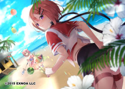 Rule 34 | 2girls, beach, black bow, blurry, blurry foreground, blush, bow, day, dutch angle, flower knight girl, food, fruit, hair ornament, hairclip, looking at viewer, multiple girls, obi, official art, open mouth, outdoors, pink hair, purple eyes, red hair, sailor collar, sakofu, sash, short hair, skirt, watermelon, yellow eyes