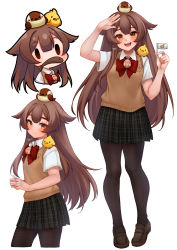 Rule 34 | 1girl, :d, animal, animal on head, bird, bird on head, black skirt, blush, bow, bowtie, brown footwear, brown pantyhose, brown vest, chibi, chick on shoulder, closed mouth, commentary, english commentary, fish in mouth, flag, hair flaps, hand up, head tilt, highres, holding, holding flag, indie virtual youtuber, looking at viewer, miniskirt, multiple views, on head, open mouth, orange eyes, original, pantyhose, pleated skirt, red bow, red bowtie, school uniform, shirt, shoes, skirt, smile, standing, temachii, temachii (character), vest, waving, white shirt