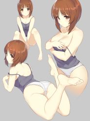 Rule 34 | 10s, 1girl, ass, back, bare shoulders, barefoot, blush, breasts, brown eyes, brown hair, camisole, cleavage, collarbone, covering privates, covering breasts, feet, frown, girls und panzer, grey background, highres, icomochi, looking at viewer, looking back, lying, medium breasts, multiple views, nishizumi miho, no pants, on stomach, panties, short hair, shoulder blades, simple background, sitting, smile, strap slip, the pose, underwear, white panties