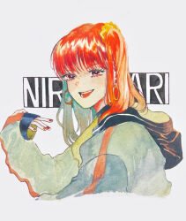 Rule 34 | 1girl, character name, cropped torso, earrings, eyelashes, from side, hair ornament, hair scrunchie, hand up, highres, hood, hood down, hooded jacket, hoop earrings, jacket, jewelry, long hair, long sleeves, looking at viewer, looking to the side, nail polish, nire hikari, one side up, open mouth, orange hair, red eyes, red hair, red nails, scrunchie, sirasu ko, smile, solo, traditional media, upper body, white background, world trigger