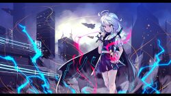 Rule 34 | 1girl, aura, black cape, cape, commentary request, cross, electricity, grey eyes, grey hair, high collar, highres, holding, holding cross, muse (seihou), outdoors, puffy short sleeves, puffy sleeves, purple hair, purple vest, seihou, shirt, short sleeves, solo, standing, tamagokake candy, vest, white shirt