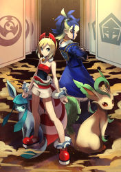 Rule 34 | 1boy, 1girl, absurdres, adaman (pokemon), anklet, back-to-back, blonde hair, blue coat, blue eyes, blue hair, bracelet, brown hair, closed mouth, coat, creatures (company), crossed arms, full body, game freak, gen 4 pokemon, glaceon, green hair, hairband, highres, irida (pokemon), jewelry, leafeon, long hair, looking at viewer, multicolored hair, neck ring, nintendo, pokemon, pokemon (creature), pokemon legends: arceus, red hairband, red shirt, sash, shirt, short hair, short shorts, shorts, smile, teo (telo ruka)