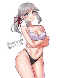 Rule 34 | 1girl, absurdres, alternate breast size, bikini, black panties, breasts, brown eyes, cleavage, commentary, cowboy shot, crossed arms, dated, dress, english commentary, grey hair, hair ribbon, highres, kantai collection, katou shinobu, lips, long hair, medium breasts, mismatched bikini, navel, one-hour drawing challenge, panties, red ribbon, ribbon, sidelocks, simple background, solo, swimsuit, twitter username, underwear, usugumo (kancolle), white background, white dress