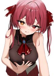Rule 34 | 1girl, absurdres, bare shoulders, black leotard, blush, breasts, cleavage, hair ornament, hair ribbon, heart, heart-shaped pupils, heterochromia, highres, hololive, houshou marine, houshou marine (1st costume), large breasts, leotard, leotard under clothes, long hair, looking at viewer, open clothes, partially unbuttoned, red eyes, red hair, red ribbon, red skirt, ribbon, shirt, simple background, skirt, smile, solo, symbol-shaped pupils, tongue, tongue out, totuoooo1015, twintails, unbuttoned, virtual youtuber, white background, yellow eyes
