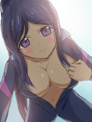 Rule 34 | 10s, 1girl, bent over, blue hair, blue sky, blush, bodysuit, breasts, cleavage, cleavage reach, closed mouth, diving suit, eyes visible through hair, large breasts, leaning forward, long hair, looking at viewer, love live!, love live! school idol festival, love live! sunshine!!, matsuura kanan, midriff, navel, one-piece swimsuit, open wetsuit, ponytail, purple eyes, sky, smile, solo, swimsuit, unzipped, wet, wetsuit, yoshi futo
