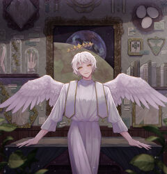 Rule 34 | 1boy, absurdres, angel wings, bird nest, blurry, book, bright pupils, broken halo, clock, clover, depth of field, disembodied limb, display case, drawing (object), egg, feathers, feet out of frame, four-leaf clover, halo, head tilt, highres, indoors, long sleeves, looking at viewer, male focus, medal, original, painting (object), parted lips, picture frame, plant, robe, short bangs, short hair, smile, solo, standing, stole, straight-on, table, wabiawabi, wallpaper (object), white hair, white pupils, white robe, white wings, wings, yellow eyes