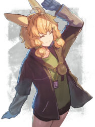 Rule 34 | 1girl, ahoge, aito, animal ears, arknights, black jacket, blue gloves, border, bow, closed eyes, gloves, green bow, green shirt, hair ornament, hand over eye, highres, id card, jacket, kroos (arknights), low twintails, medium hair, open clothes, open jacket, orange hair, shirt, shorts, smile, solo, twintails, white border