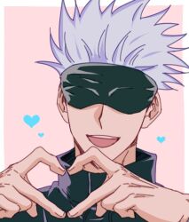 Rule 34 | 1boy, bad id, bad twitter id, black jacket, blindfold, close-up, commentary, gojou satoru, grey hair, heart, heart hands, high collar, jacket, jujutsu kaisen, jujutsu tech uniform, male focus, nackseojang, open mouth, pink background, short hair, simple background, smile, solo, spiked hair, symbol-only commentary, teeth, upper teeth only, white hair
