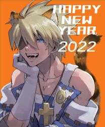 1boy 2022 animal_ear_fluff animal_ears arm_up bare_shoulders blonde_hair blue_eyes collarbone commentary_request cross cross_necklace elbow_gloves english_text eyepatch fangs gloves guilty_gear guilty_gear_strive hair_between_eyes hand_on_own_face happy_new_year head_rest highres jacket jacket_partially_removed jewelry kemonomimi_mode kometubu0712 lapels male_focus necklace new_year one_eye_covered open_mouth orange_background short_hair sin_kiske solo tail teeth upper_body white_gloves