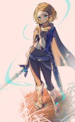 Rule 34 | 1girl, armored boots, belt, belt pouch, black pants, blonde hair, blue eyes, boots, braid, breasts, cape, closed mouth, commentary, crown braid, fingerless gloves, full body, gloves, hairlip, highres, holding, holding sword, holding weapon, knee boots, looking at viewer, master sword, nintendo, pants, parted bangs, pink background, pointy ears, pouch, princess zelda, scabbard, sheath, shirt, short hair, shuri (84k), simple background, small breasts, solo, standing, strap, sword, the legend of zelda, the legend of zelda: breath of the wild, the legend of zelda: tears of the kingdom, twitter username, weapon, white footwear, white shirt
