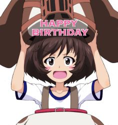 Rule 34 | 1girl, :d, akiyama yukari, animal costume, arms up, blush stickers, brown eyes, brown hair, commentary, dog costume, english text, girls und panzer, happy birthday, holding head, kayabakoro, looking at viewer, messy hair, open mouth, shirt, short hair, short sleeves, simple background, smile, solo, t-shirt, white background