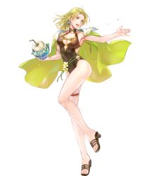 Rule 34 | 1girl, armpits, bare arms, blonde hair, blue eyes, breasts, cape, cleavage, coconut, collarbone, drinking straw, earrings, feet, female focus, fire emblem, fire emblem: the sacred stones, fire emblem heroes, flower, fruit cup, full body, green cape, high heel sandals, highleg, highleg swimsuit, highres, holding, jewelry, long hair, looking at viewer, medium breasts, nintendo, official art, one-piece swimsuit, open mouth, parted bangs, parted lips, sandals, selena (fire emblem: the sacred stones), selena (summer) (fire emblem: the sacred stones), shiny skin, smile, solo, swimsuit, thigh strap, thighs, toeless footwear, toes, transparent background, wada sachiko, water drop