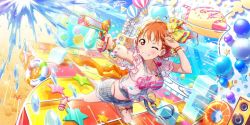 Rule 34 | 1girl, ;), a chika-tastic summer (love live!), alternate hairstyle, antenna hair, aqua nails, artist name, artist request, balloon, bare legs, bare shoulders, barefoot, bikini, bikini under clothes, blue pants, blue shorts, blush, bow, bracelet, braid, breasts, bridal garter, checkered floor, cleavage, clothes writing, collarbone, earrings, feet, female focus, floating hair, food-themed hair ornament, hair bow, hair ornament, hairclip, halterneck, heart (symbol), high heels, holding, holding water gun, jewelry, looking at viewer, love live!, love live! school idol festival, love live! school idol festival all stars, love live! sunshine!!, medium hair, nail, nail polish, ocean, off-shoulder shirt, off shoulder, on stage, one eye closed, open fly, orange bow, orange hair, orange hair ornament, orange nails, pants, parted bangs, parted lips, pearl bracelet, pink bikini, pink footwear, polka dot, polka dot bow, ponytail, red eyes, ribbon, sandals, see-through, see-through shirt, see-through sleeves, shirt, short hair, short sleeves, shorts, side braid, side ponytail, single braid, small breasts, smile, solo, stage, stage lights, strap slip, striped bikini, striped bow, striped clothes, striped pants, striped shorts, striped tank top, suspenders, suspenders hanging, swimsuit, takami chika, tank top, teeth, thighlet, triangle hair ornament, two-tone bikini, vertical-striped clothes, vertical-striped shorts, water gun, wink, wrist bow, yellow bow, yellow ribbon