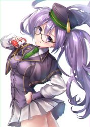 Rule 34 | 1girl, absurdres, blood, blood bag, blush, breasts, buttons, capelet, closed mouth, commentary request, fate/grand order, fate (series), glasses, green necktie, hair between eyes, hand on own hip, hane yuki, hat, highres, licking lips, long hair, long sleeves, looking at viewer, medium breasts, melty blood, necktie, pleated skirt, purple eyes, purple hair, purple hat, simple background, sion eltnam atlasia, skirt, smile, solo, tassel, thighs, tongue, tongue out, tsukihime, twintails, uniform, white background