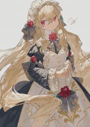 Rule 34 | 1girl, apron, black dress, closed mouth, commentary request, cowboy shot, dress, flower, grey background, hair flower, hair ornament, headdress, highres, juliet sleeves, light brown hair, long hair, long sleeves, looking at viewer, maid, maid apron, maid headdress, original, ornate clothes, own hands clasped, own hands together, potg (piotegu), puffy sleeves, red eyes, red flower, red rose, rose, signature, simple background, solo, very long hair, white headwear