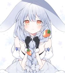 Rule 34 | 1girl, animal ears, bare shoulders, black gloves, blue hair, blush, braid, breasts, carrot hair ornament, closed mouth, commentary, food-themed hair ornament, frown, gloves, hair between eyes, hair ornament, holding, holding own hair, hololive, long hair, looking at viewer, mattang, rabbit ears, simple background, solo, tearing up, twin braids, usada pekora, usada pekora (1st costume), very long hair, virtual youtuber, white background
