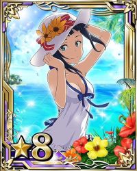 Rule 34 | 10s, 1girl, arm up, bare shoulders, black hair, blue eyes, blue ribbon, breasts, card (medium), cleavage, collarbone, day, dress, flower, hat, hibiscus, looking at viewer, medium breasts, mole, mole under eye, ocean, orange flower, outdoors, red flower, ribbon, sachi (sao), short hair, smile, solo, star (symbol), sword art online, white dress, white hat, yellow flower