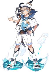 Rule 34 | 1boy, anchor symbol, artist request, belt, beret, blue eyes, blue neckerchief, blue sailor collar, blush, boots, bracelet, brown hair, buttons, closed mouth, full body, grey socks, half-closed eyes, hand on own hip, hand up, hat, highres, jewelry, knee boots, kneehighs, legs apart, light blush, looking to the side, male focus, neckerchief, non-web source, official art, pocket, ponytail, rain (world flipper), sailor collar, sheath, sheathed, shirt, short hair, short sleeves, shorts, sidelocks, simple background, socks, solo, standing, sword, transparent background, undershirt, water, weapon, weapon on back, whistle, whistle around neck, white footwear, white hat, white shirt, white shorts, world flipper