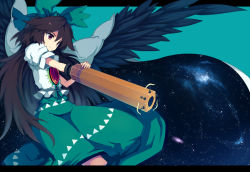 Rule 34 | 1girl, arm cannon, black hair, bow, cape, female focus, hair bow, letterboxed, long hair, night, pera, purple eyes, reiuji utsuho, smile, solo, space, star (symbol), touhou, universe, weapon, wings