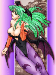 Rule 34 | bare shoulders, breasts, capcom, cleavage, demon girl, elbow gloves, gloves, grabbing another&#039;s hair, head wings, holding, holding own hair, large breasts, lips, long hair, morrigan aensland, pantyhose, solo, vampire (game), wings