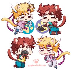 Rule 34 | 4boys, :p, animal ears, backpack, bag, battle tendency, blonde hair, brown hair, caesar anthonio zeppeli, cat ears, cat tail, cup, dual persona, facial mark, feather hair ornament, feathers, fingerless gloves, gloves, hair ornament, jacket, jojo no kimyou na bouken, joseph joestar, joseph joestar (young), kemonomimi mode, male focus, mask, unworn mask, micken, multiple boys, official alternate costume, paw print, pouring, purple jacket, ribbon, tail, tears, tongue, tongue out, upside-down