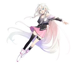 Rule 34 | 1girl, absurdly long hair, ahoge, bare shoulders, black shirt, black socks, blue eyes, boots, braid, breasts, cevio, commentary, floating, floating hair, full body, gradient hair, hair between eyes, hair tie, highres, ia (vocaloid), knee boots, kneehighs, light particles, long hair, looking at viewer, miniskirt, multicolored hair, off-shoulder shirt, off shoulder, outstretched arm, overlord (overlord80000), pink hair, pink skirt, platinum blonde hair, pleated skirt, shirt, single kneehigh, single sock, single thighhigh, skirt, socks, solo, thigh strap, thighhighs, twin braids, very long hair, vocaloid, white footwear
