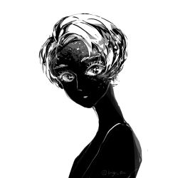 Rule 34 | 1other, androgynous, black skin, cairngorm (houseki no kuni), colored skin, eri na, eyelashes, from side, greyscale, houseki no kuni, looking at viewer, monochrome, other focus, portrait, short hair, simple background, solo, white background, white eyes, white hair
