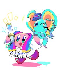 Rule 34 | animal ears, blue headwear, blush stickers, commentary request, elfilin, glowstick, hakaba (ksni tbn), highres, holding, holding glowstick, instrument, kirby, kirby (series), kirby 30th anniversary music festival, mouse ears, nintendo, no humans, notched ear, notice lines, one eye closed, open mouth, shirt, smile, solid oval eyes, star (symbol), tail, tambourine, white shirt